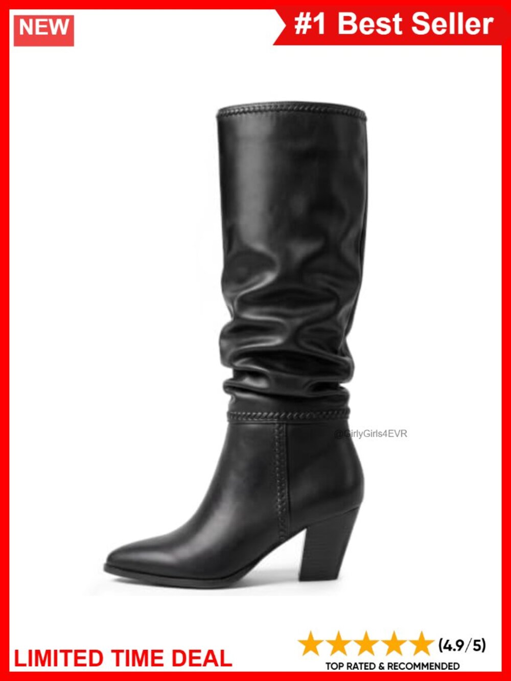 Knee High Slouchy Faux Leather Boots Chunky Heel Snip Toe Pull On